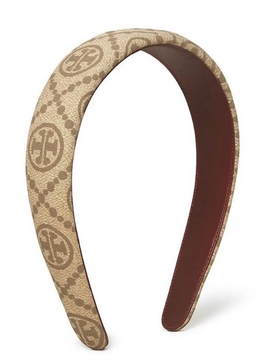Tory Burch Accessories - Tory Burch Beige Logo Pattern Headband with Brown Leather Lining. New